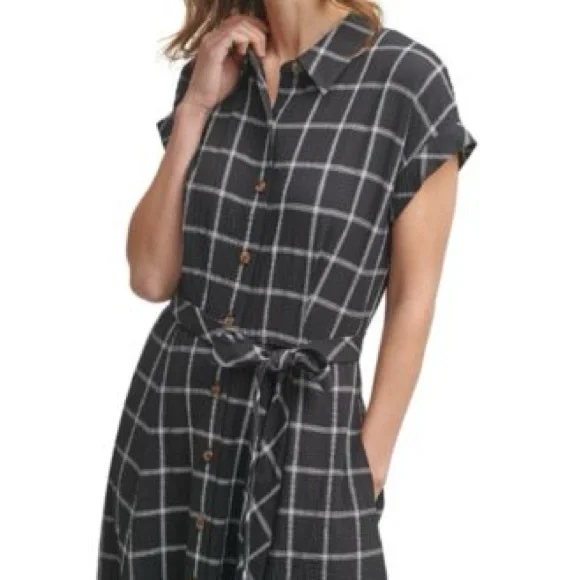 Calvin Klein Gauze Windowpane-Print Shirtdress 20W - Picture 2 of 10